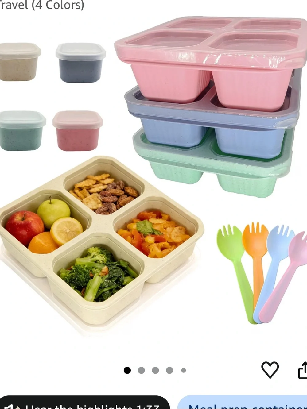 4-Compartment Meal Prep Container Set Bento Boxes - 4 Colors NWT